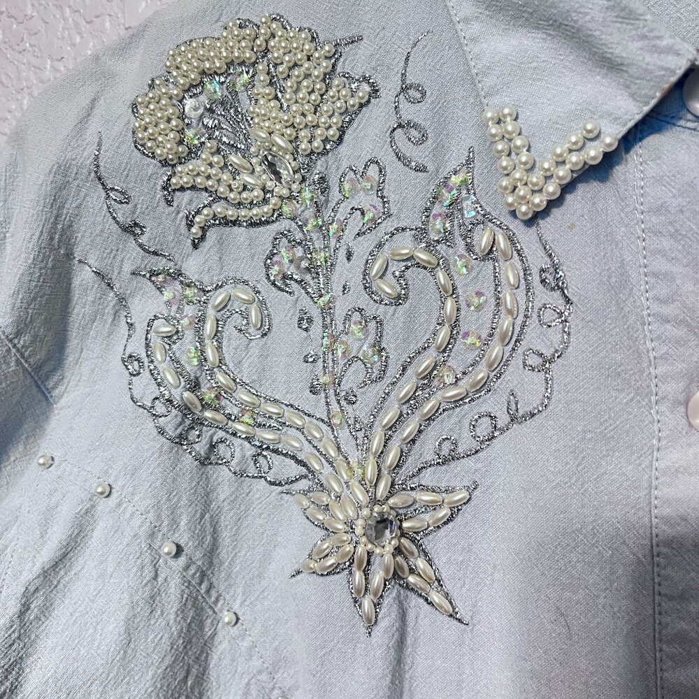 Vtg Elite M Womens Western Shirt Light Blue Pearl & Bead Floral Design Button Up - Picture 6 of 10